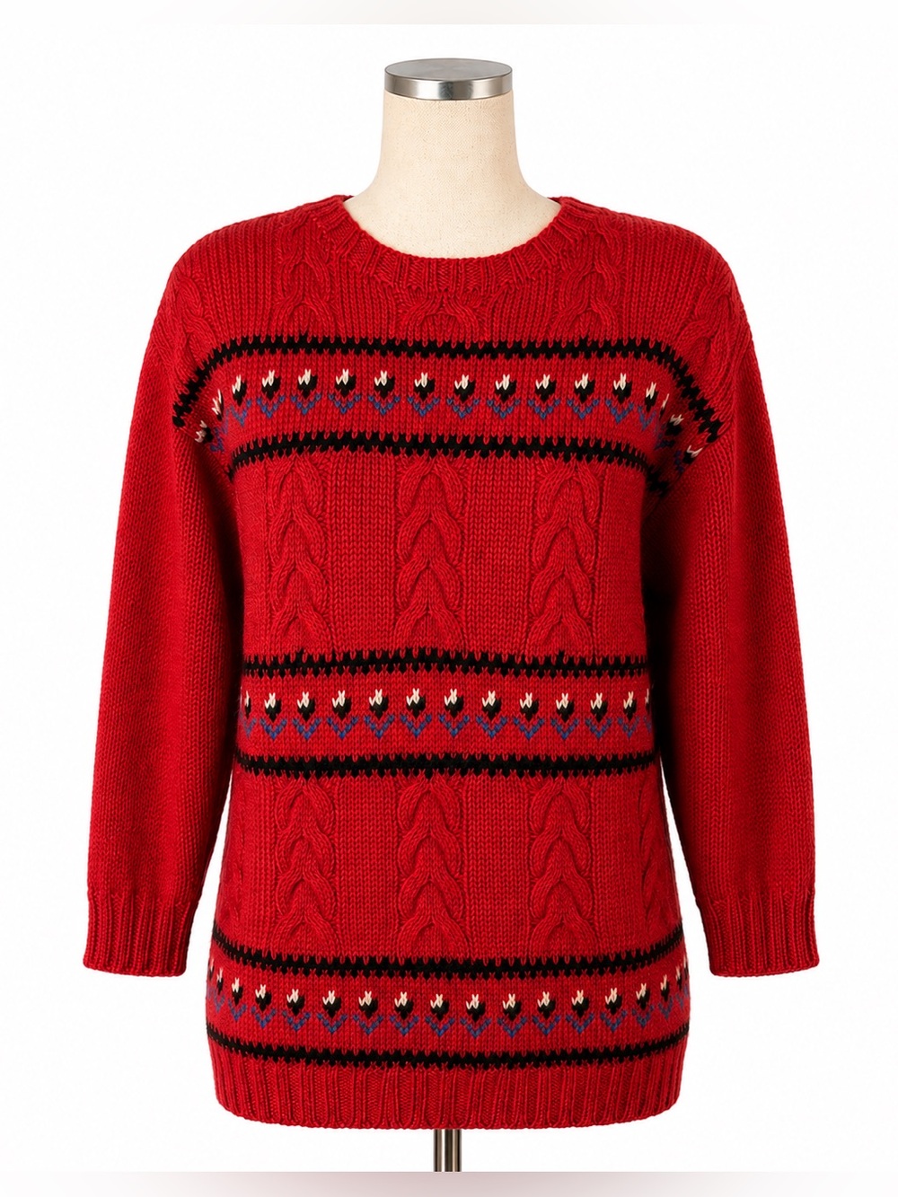 Vintage hand knit multicolor sweater w striped & zigzag floral, cable knit, M